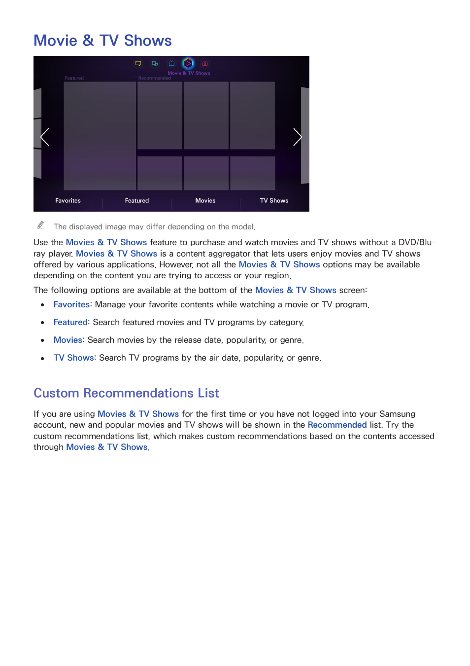 Movie & tv shows, 131 custom recommendations list, Custom recommendations list | Samsung UN55F8000AFXZA User Manual | Page 138 / 179