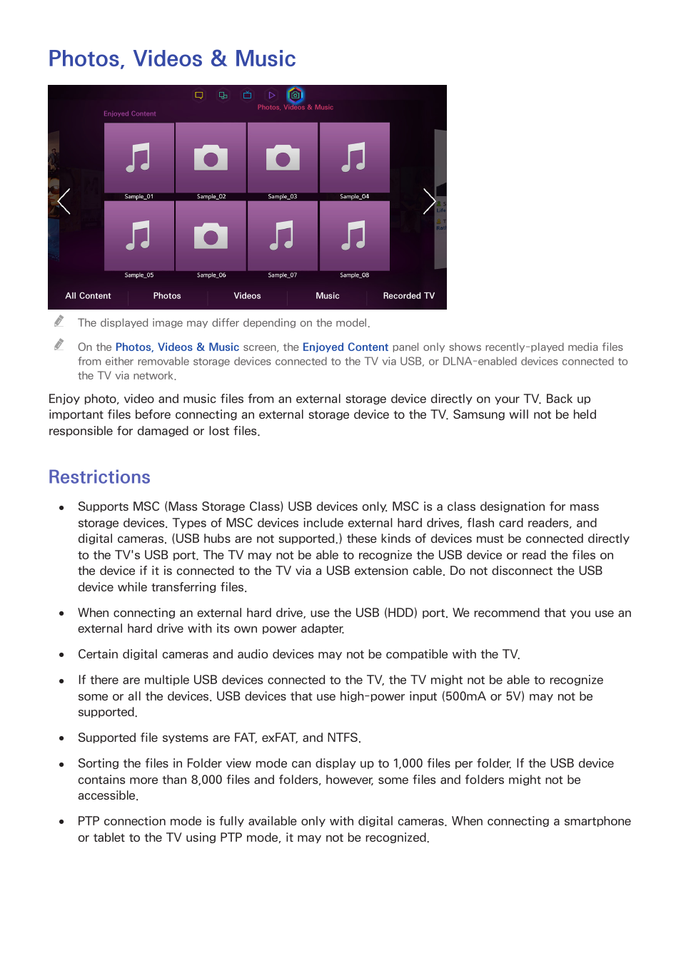 Photos, videos & music, 133 restrictions, Restrictions | Samsung UN55F8000AFXZA User Manual | Page 140 / 179
