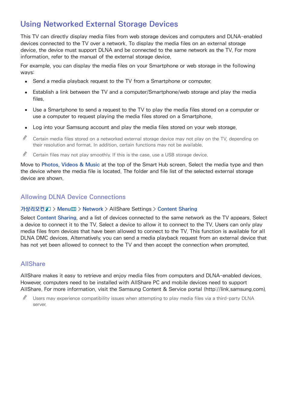 135 using networked external storage devices, 135 allowing dlna device connections, 135 allshare | Using networked external storage devices | Samsung UN55F8000AFXZA User Manual | Page 142 / 179