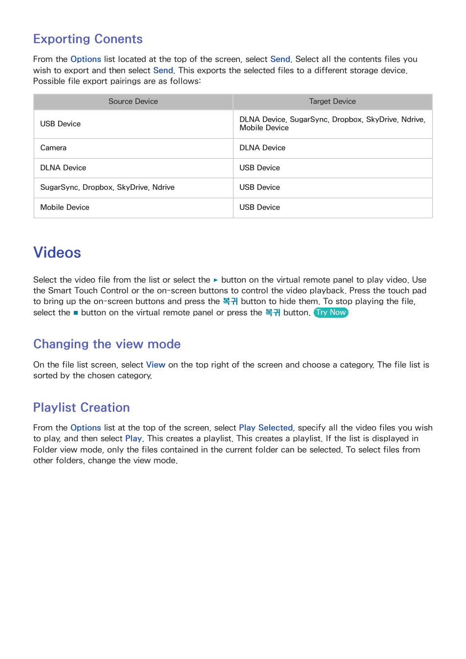 136 exporting conents, Videos, 136 changing the view mode | 136 playlist creation, Exporting conents, Changing the view mode, Playlist creation | Samsung UN55F8000AFXZA User Manual | Page 143 / 179