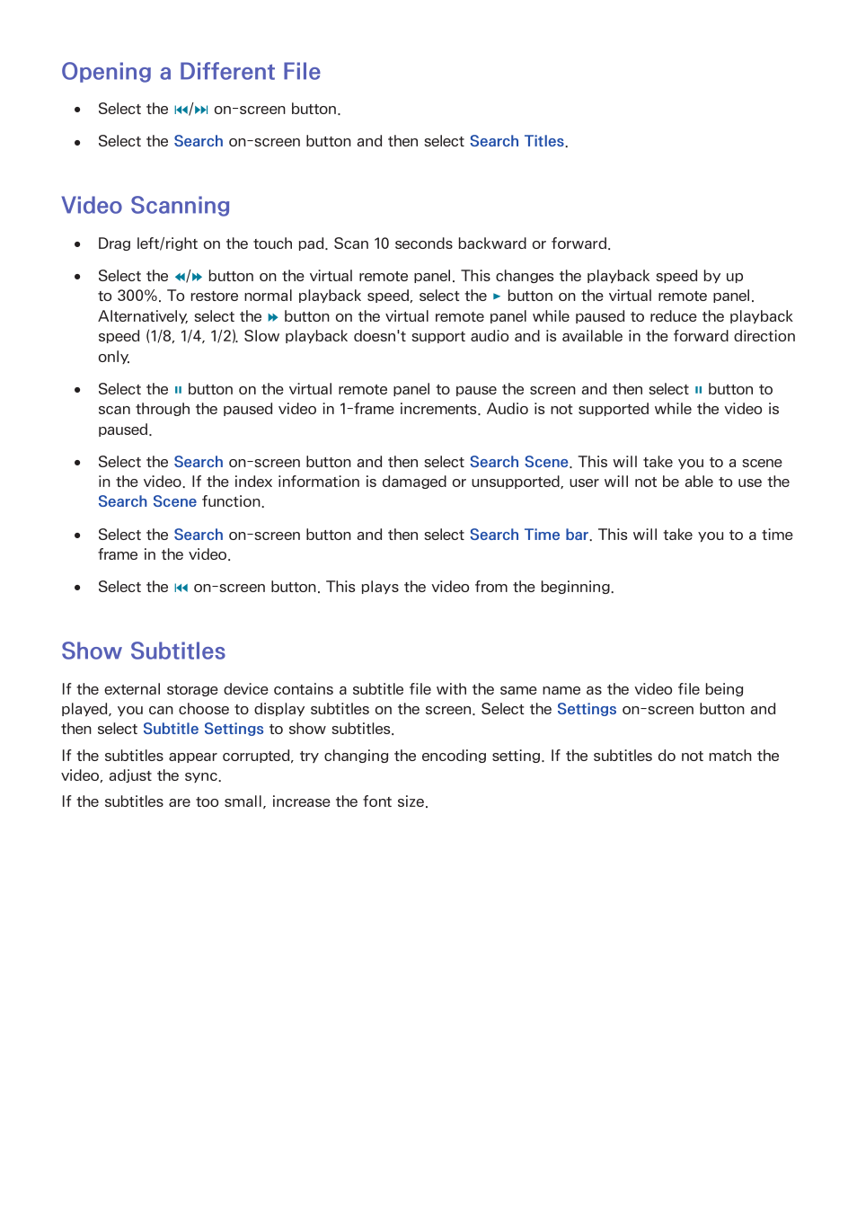 137 opening a different file, 137 video scanning, 137 show subtitles | Opening a different file, Video scanning, Show subtitles | Samsung UN55F8000AFXZA User Manual | Page 144 / 179