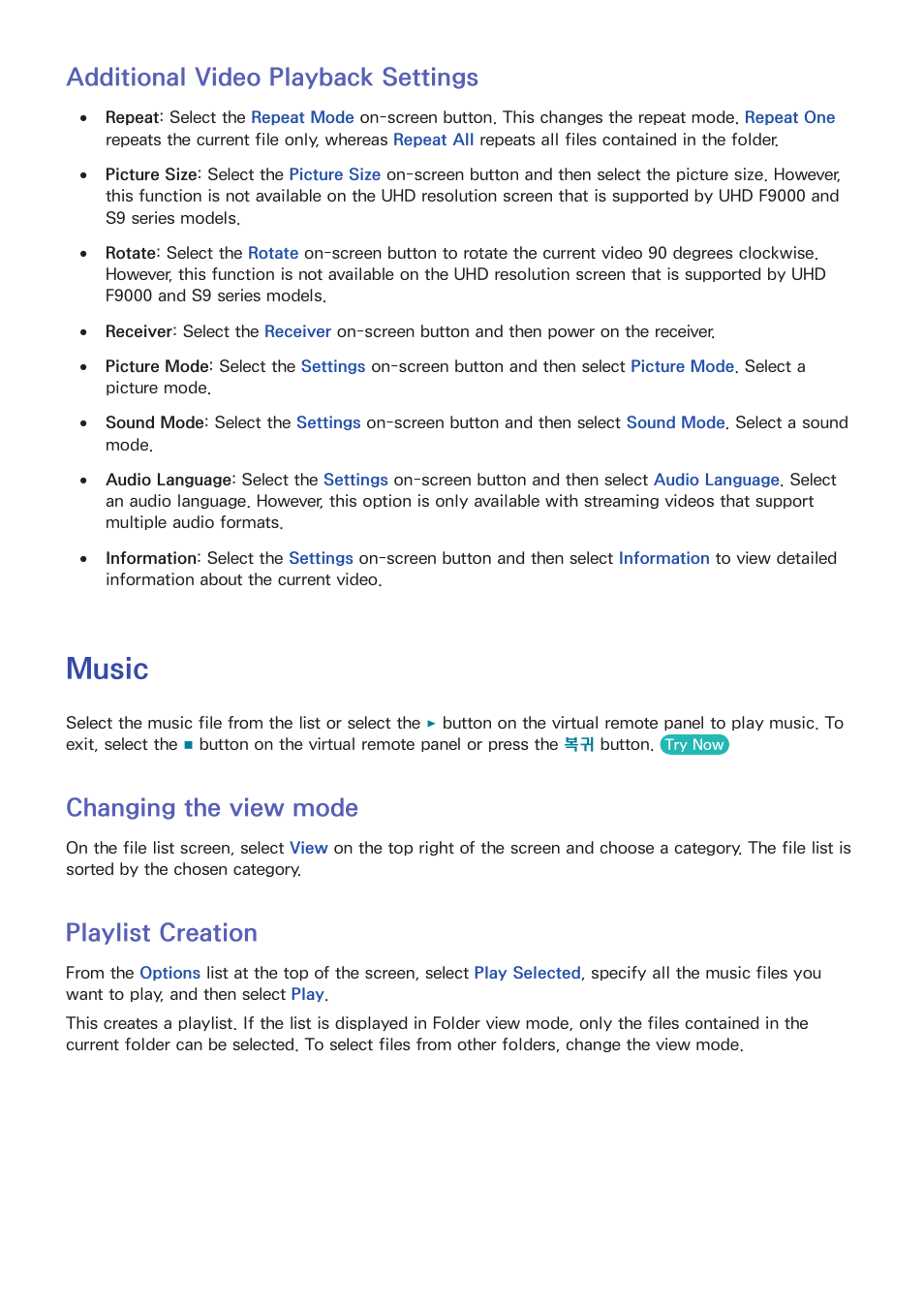 138 additional video playback settings, Music, 138 changing the view mode | 138 playlist creation, Additional video playback settings, Changing the view mode, Playlist creation | Samsung UN55F8000AFXZA User Manual | Page 145 / 179