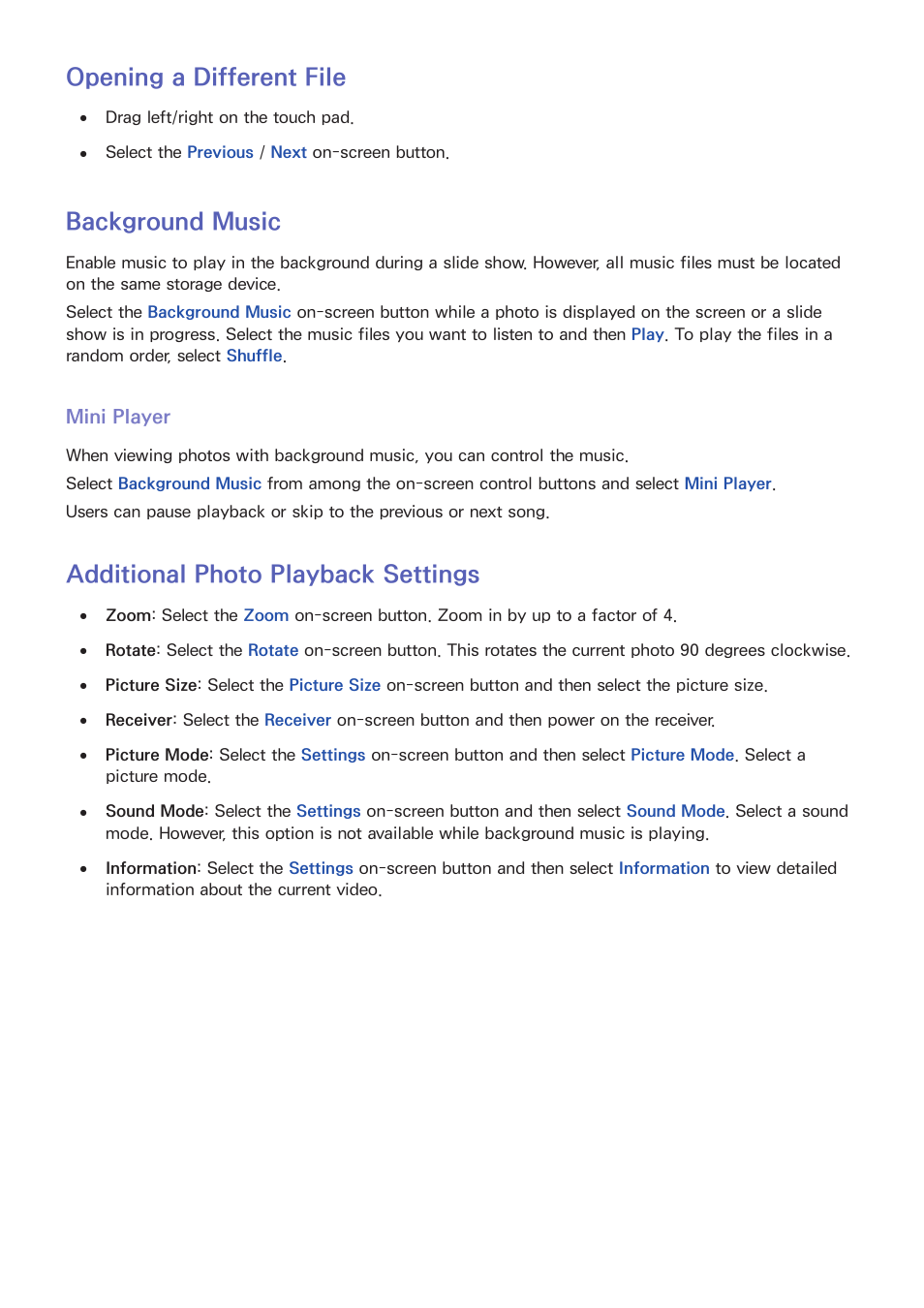 141 opening a different file, 141 background music, 141 mini player | 141 additional photo playback settings, Opening a different file, Background music, Additional photo playback settings | Samsung UN55F8000AFXZA User Manual | Page 148 / 179