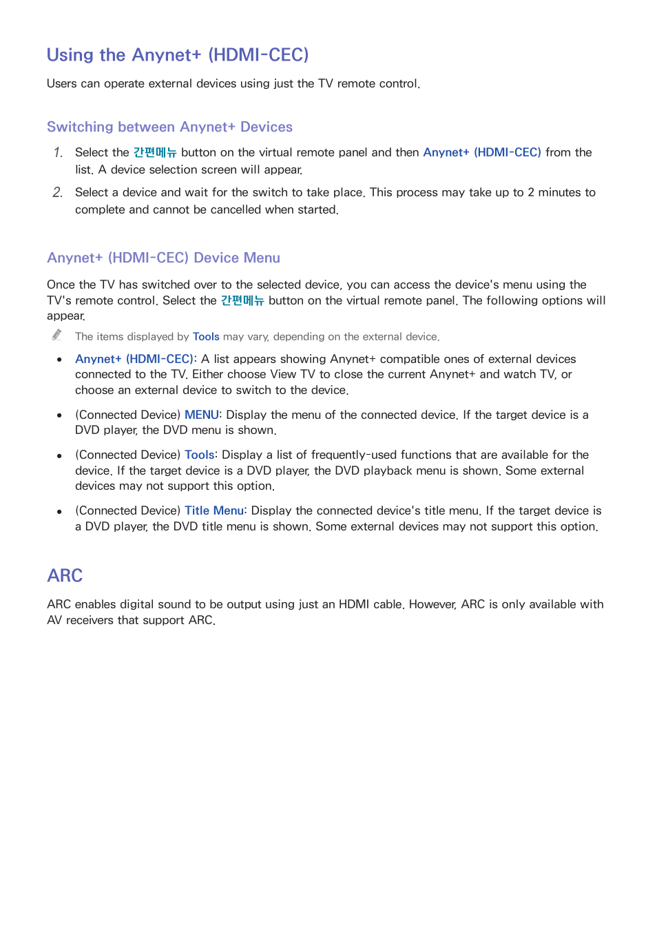 143 using the anynet+ (hdmi-cec), 143 switching between anynet+ devices, 143 anynet+ (hdmi-cec) device menu | 143 arc, Using the anynet+ (hdmi-cec) | Samsung UN55F8000AFXZA User Manual | Page 150 / 179