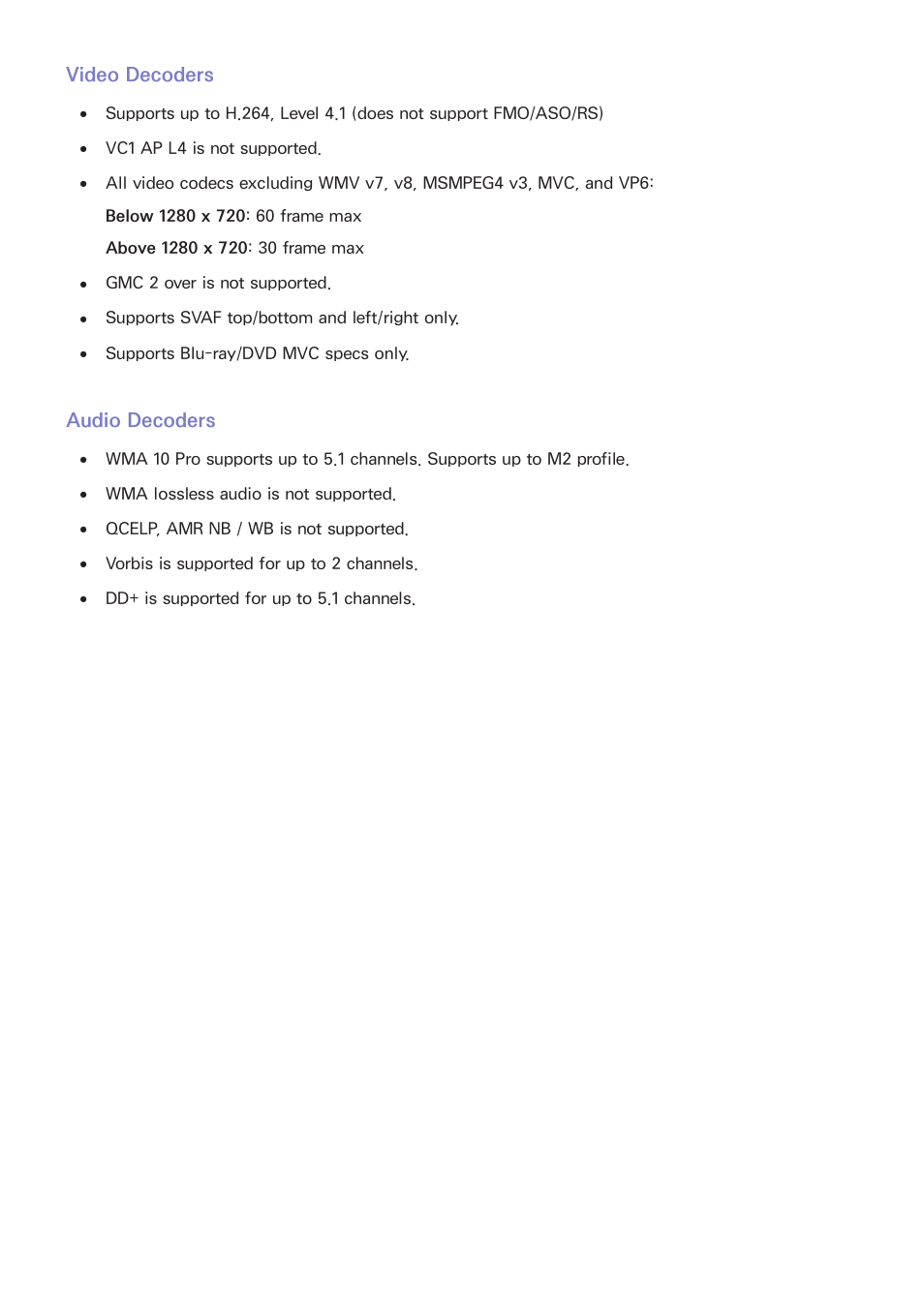 161 video decoders, 161 audio decoders, Video decoders | Audio decoders | Samsung UN55F8000AFXZA User Manual | Page 168 / 179