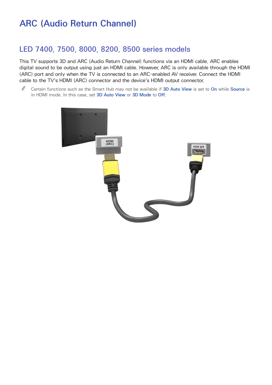 Arc (audio return channel), Led 7400, 7500, 8000, 8200, 8500 series models | Samsung UN55F8000AFXZA User Manual | Page 23 / 179