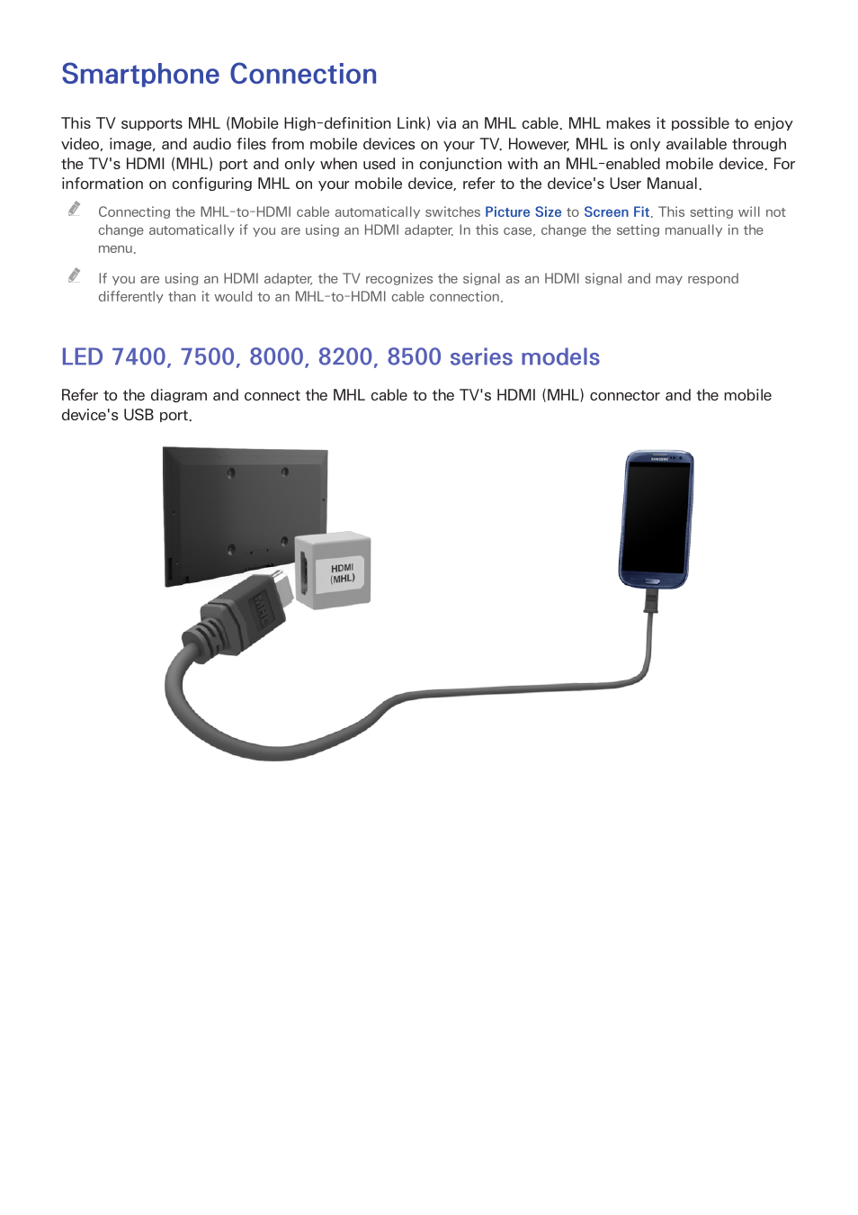 Smartphone connection, Led 7400, 7500, 8000, 8200, 8500 series models | Samsung UN55F8000AFXZA User Manual | Page 28 / 179