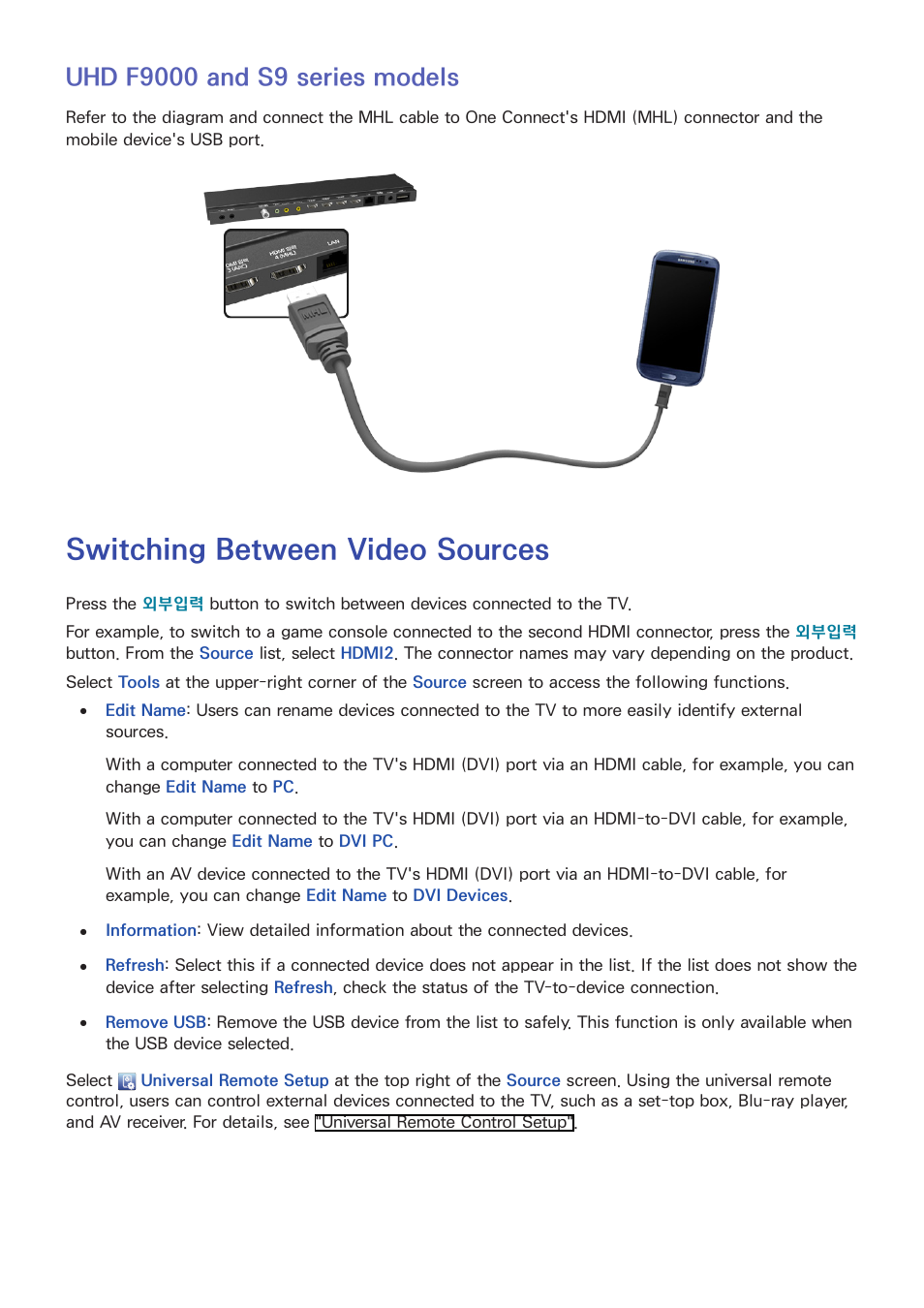 22 uhd f9000 and s9 series models, Switching between video sources | Samsung UN55F8000AFXZA User Manual | Page 29 / 179