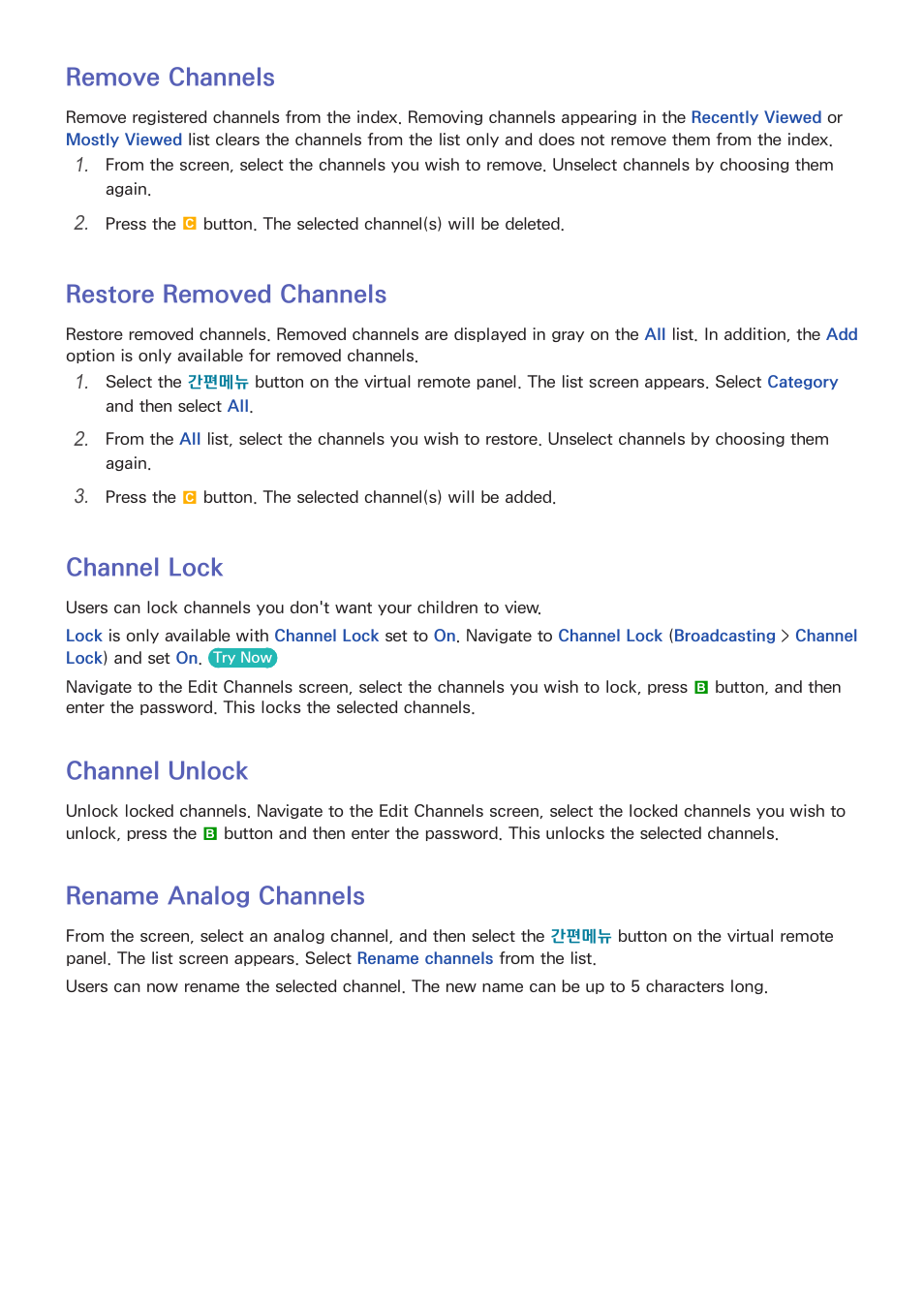25 remove channels, 25 restore removed channels, 25 channel lock | 25 channel unlock, 25 rename analog channels, Remove channels, Restore removed channels, Channel lock, Channel unlock, Rename analog channels | Samsung UN55F8000AFXZA User Manual | Page 32 / 179