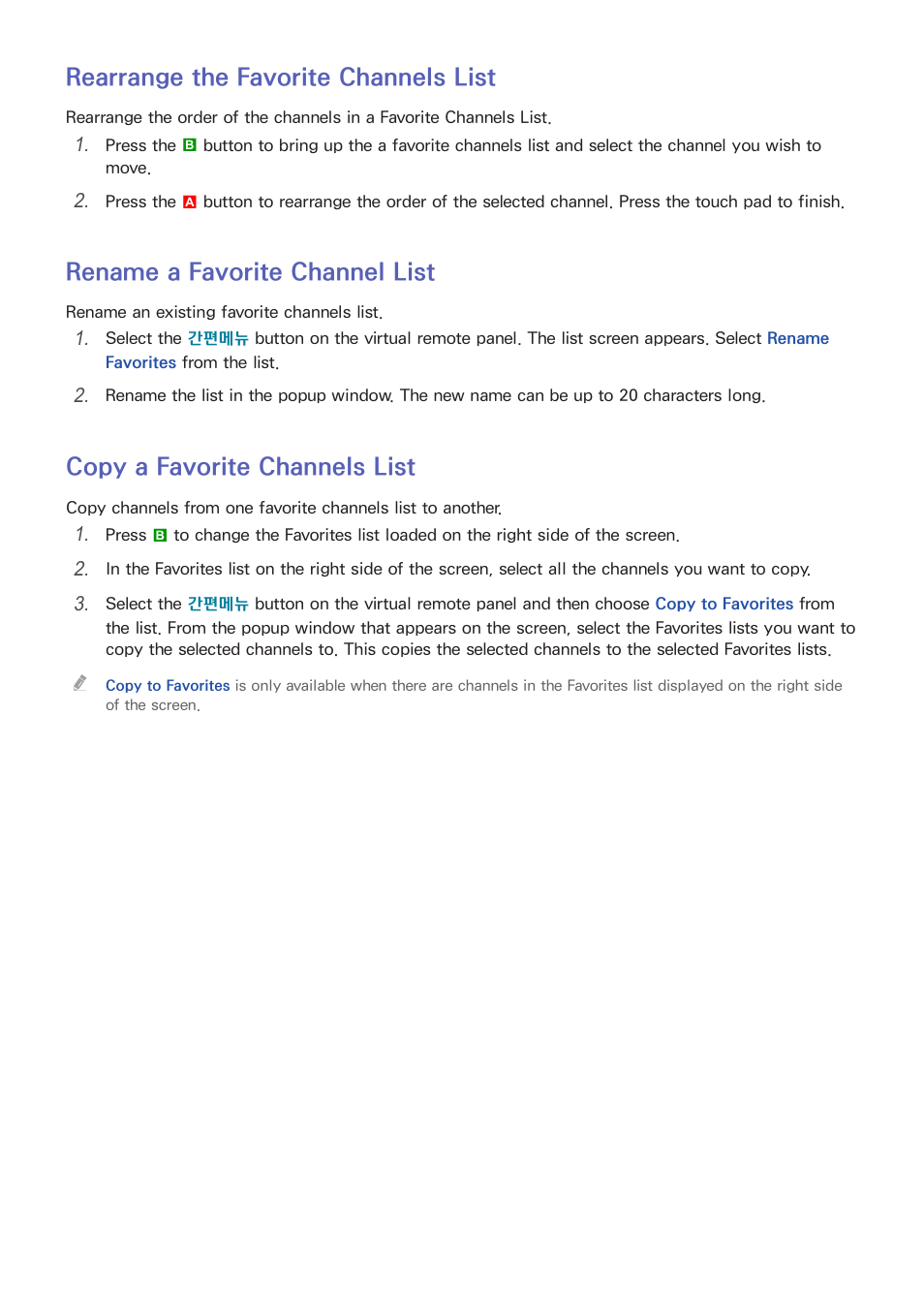 27 rearrange the favorite channels list, 27 rename a favorite channel list, 27 copy a favorite channels list | Rearrange the favorite channels list, Rename a favorite channel list, Copy a favorite channels list | Samsung UN55F8000AFXZA User Manual | Page 34 / 179