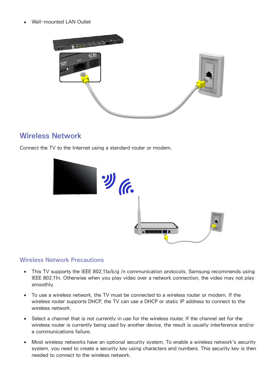 30 wireless network, Wireless network precautions, Wireless network | Samsung UN55F8000AFXZA User Manual | Page 37 / 179