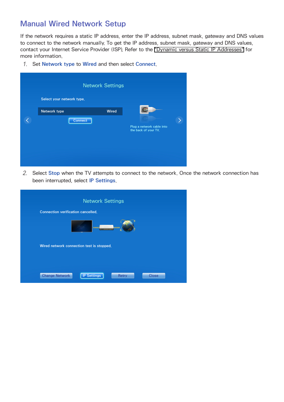 32 manual wired network setup, Manual wired network setup | Samsung UN55F8000AFXZA User Manual | Page 39 / 179