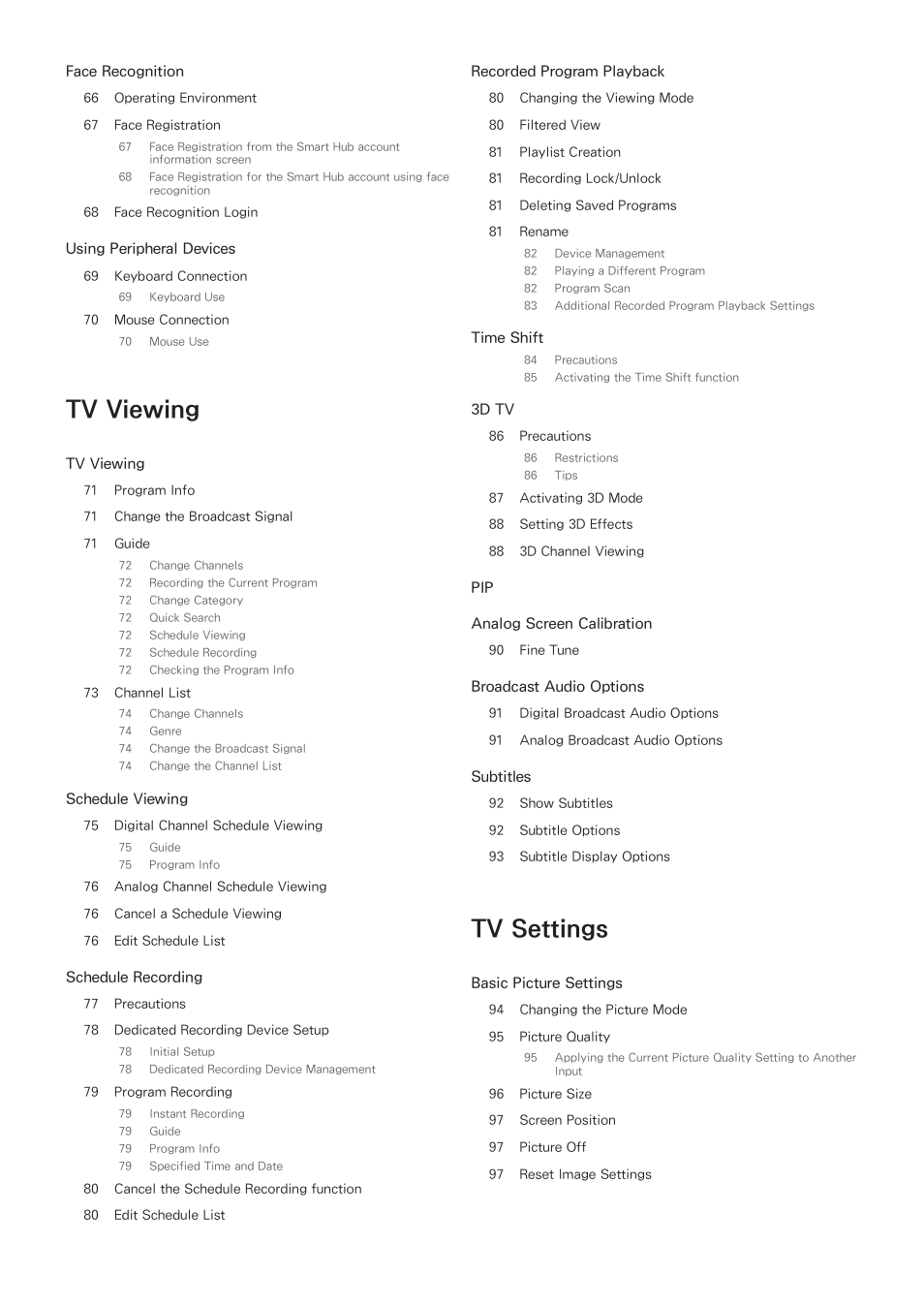Tv viewing, Tv settings | Samsung UN55F8000AFXZA User Manual | Page 4 / 179