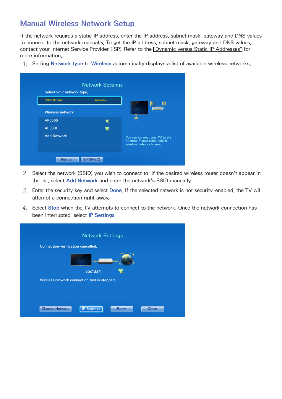 35 manual wireless network setup, Manual wireless network setup | Samsung UN55F8000AFXZA User Manual | Page 42 / 179