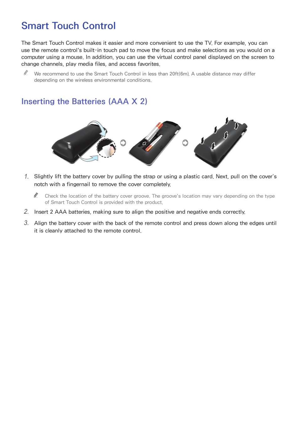 Controlling the tv, Smart touch control, 40 inserting the batteries (aaa x 2) | Inserting the batteries (aaa x 2) | Samsung UN55F8000AFXZA User Manual | Page 47 / 179