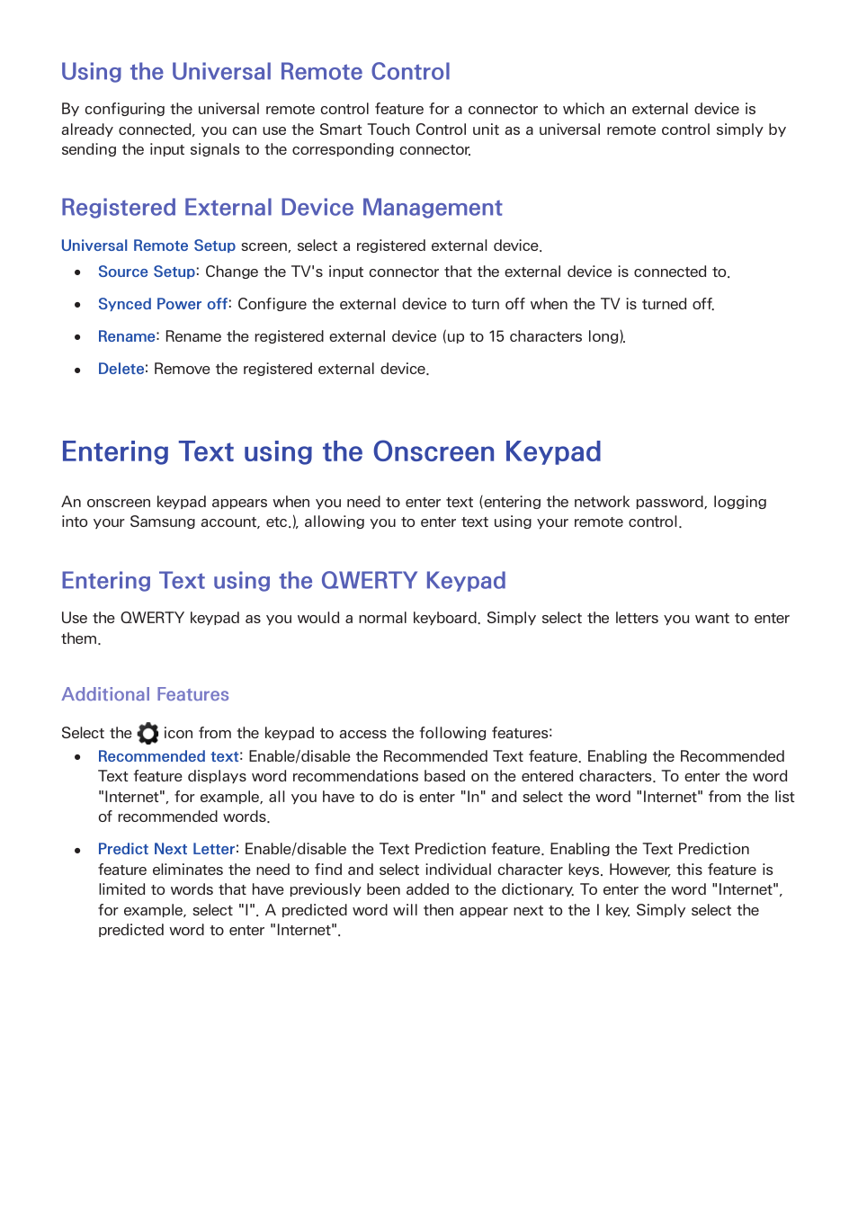 54 using the universal remote control, 54 registered external device management, Entering text using the onscreen keypad | 54 entering text using the qwerty keypad, Additional features, Using the universal remote control, Registered external device management, Entering text using the qwerty keypad | Samsung UN55F8000AFXZA User Manual | Page 61 / 179