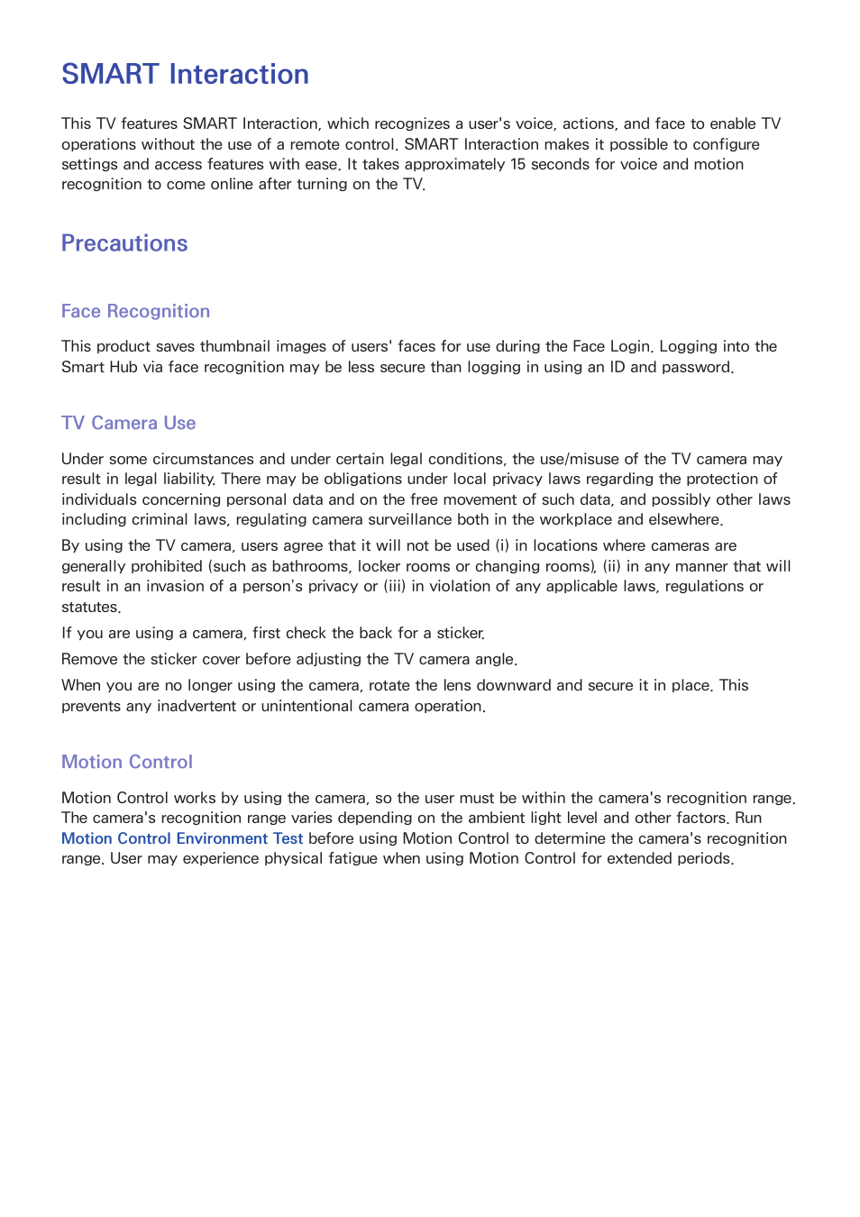 Smart interaction, 55 precautions, Face recognition | Tv camera use, Motion control, Precautions | Samsung UN55F8000AFXZA User Manual | Page 62 / 179