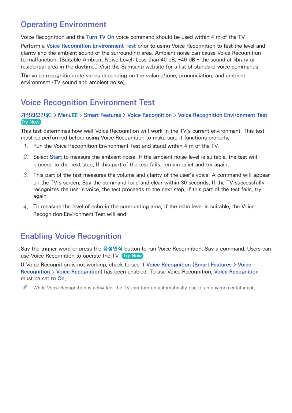 57 operating environment, 57 voice recognition environment test, 57 enabling voice recognition | Operating environment, Voice recognition environment test, Enabling voice recognition | Samsung UN55F8000AFXZA User Manual | Page 64 / 179