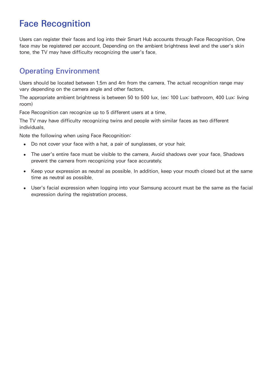 Face recognition, 66 operating environment, Operating environment | Samsung UN55F8000AFXZA User Manual | Page 73 / 179