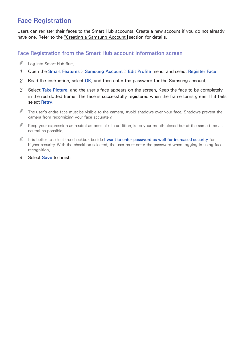 67 face registration, Face registration | Samsung UN55F8000AFXZA User Manual | Page 74 / 179