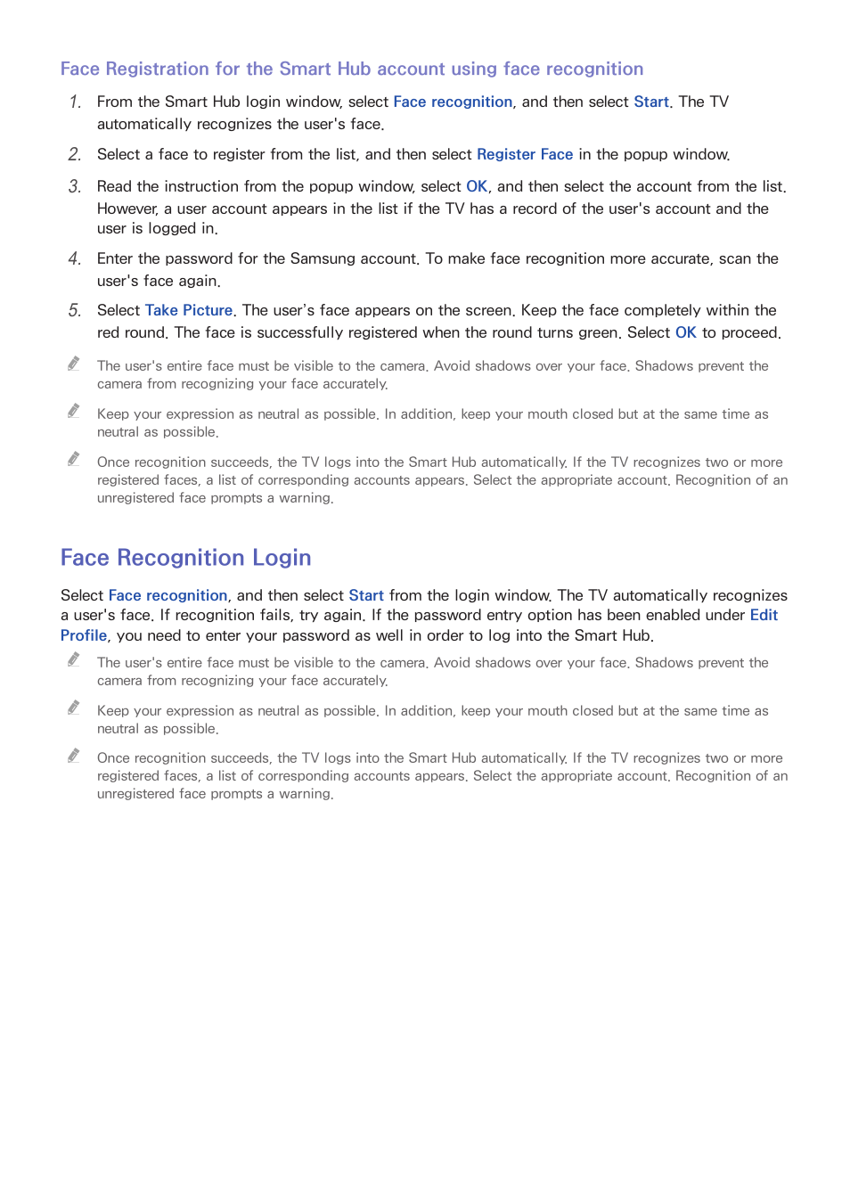 68 face recognition login, Face recognition login | Samsung UN55F8000AFXZA User Manual | Page 75 / 179