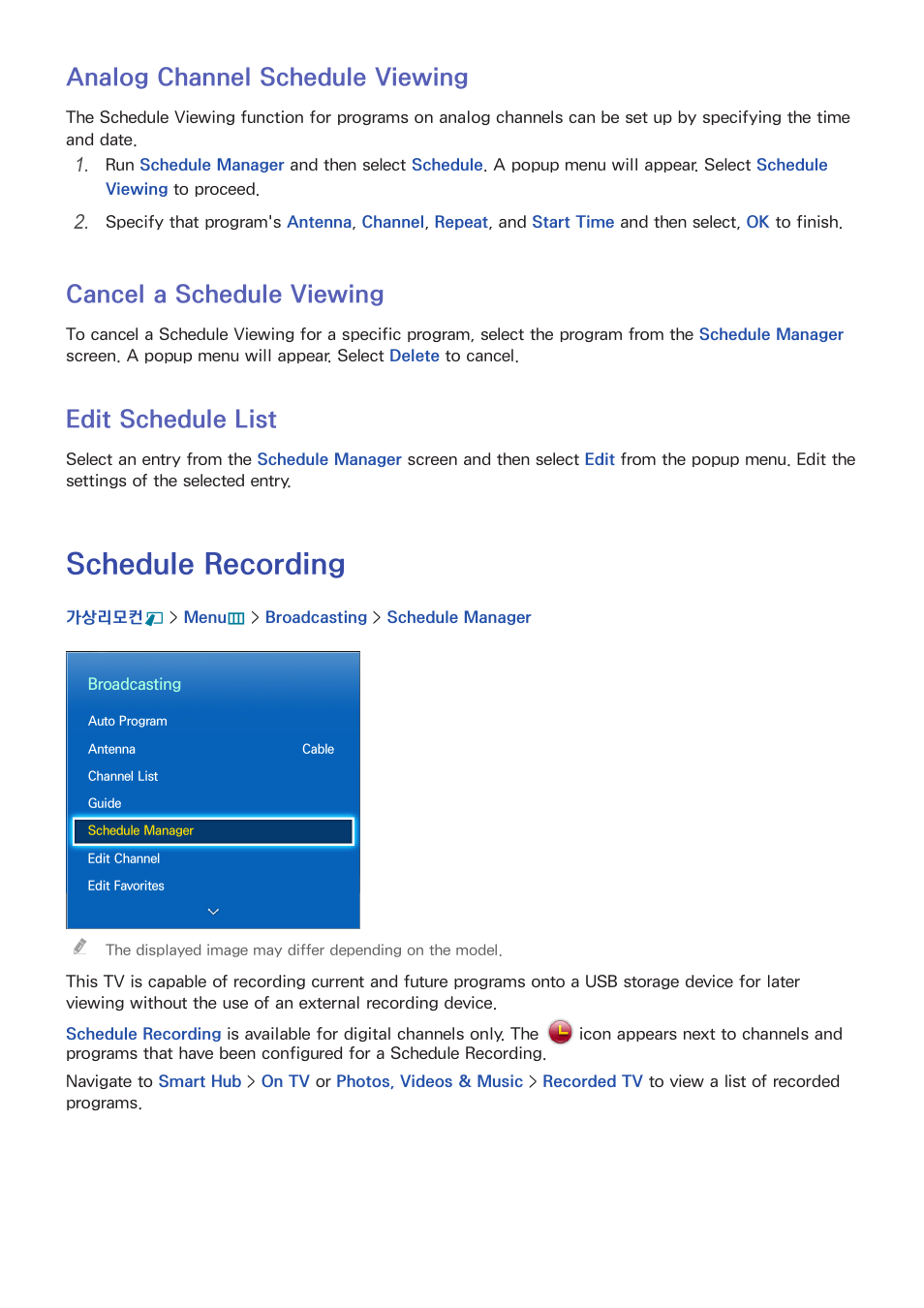 76 analog channel schedule viewing, 76 cancel a schedule viewing, 76 edit schedule list | Schedule recording, Analog channel schedule viewing, Cancel a schedule viewing, Edit schedule list | Samsung UN55F8000AFXZA User Manual | Page 83 / 179