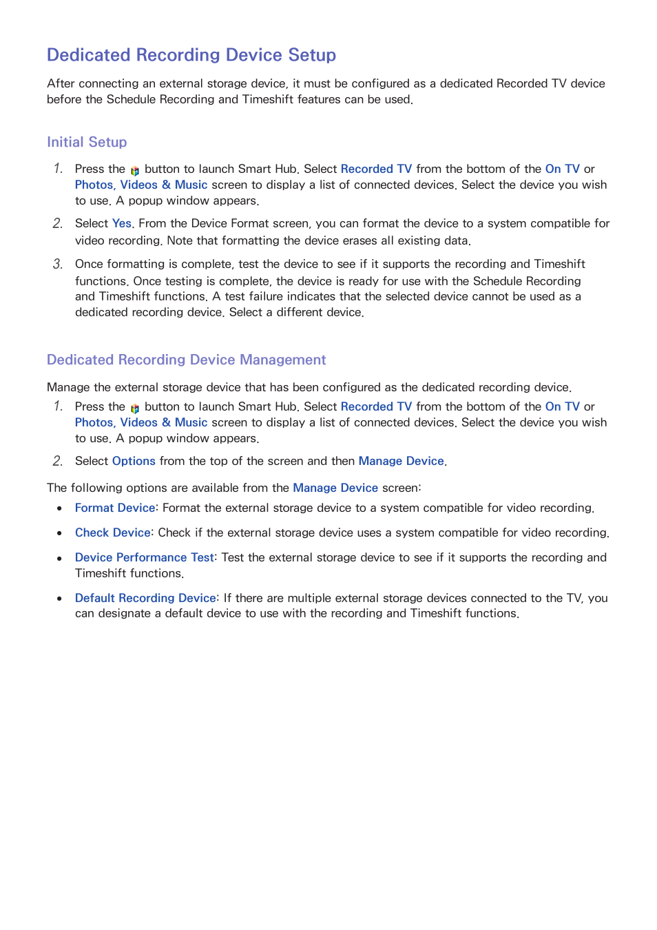 78 dedicated recording device setup, Initial setup, Dedicated recording device management | Dedicated recording device setup | Samsung UN55F8000AFXZA User Manual | Page 85 / 179