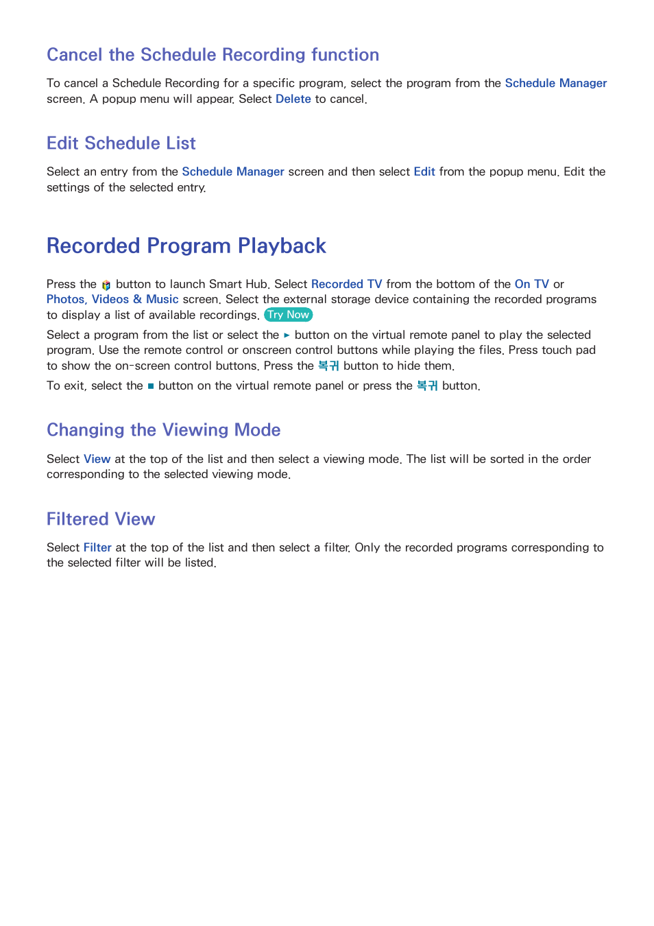 80 cancel the schedule recording function, 80 edit schedule list, Recorded program playback | 80 changing the viewing mode, 80 filtered view, Cancel the schedule recording function, Edit schedule list, Changing the viewing mode, Filtered view | Samsung UN55F8000AFXZA User Manual | Page 87 / 179