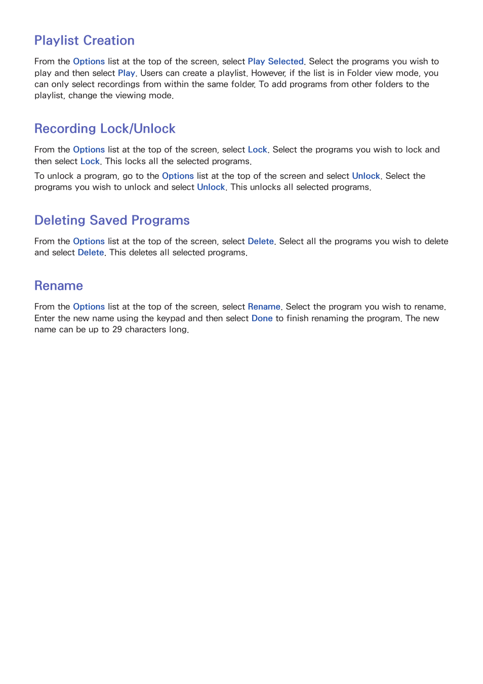 Playlist creation, Recording lock/unlock, Deleting saved programs | 81 rename, Rename | Samsung UN55F8000AFXZA User Manual | Page 88 / 179