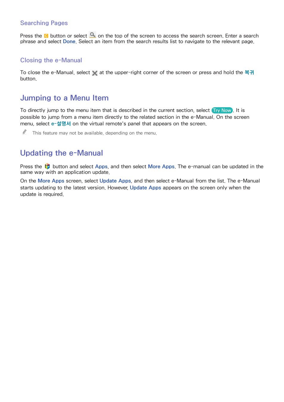 Closing the e-manual, Jumping to a menu item, Updating the e-manual | Samsung UN55F8000AFXZA User Manual | Page 9 / 179