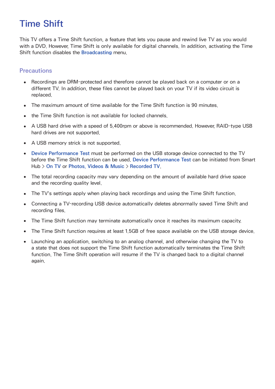Time shift, 84 precautions, Precautions | Samsung UN55F8000AFXZA User Manual | Page 91 / 179