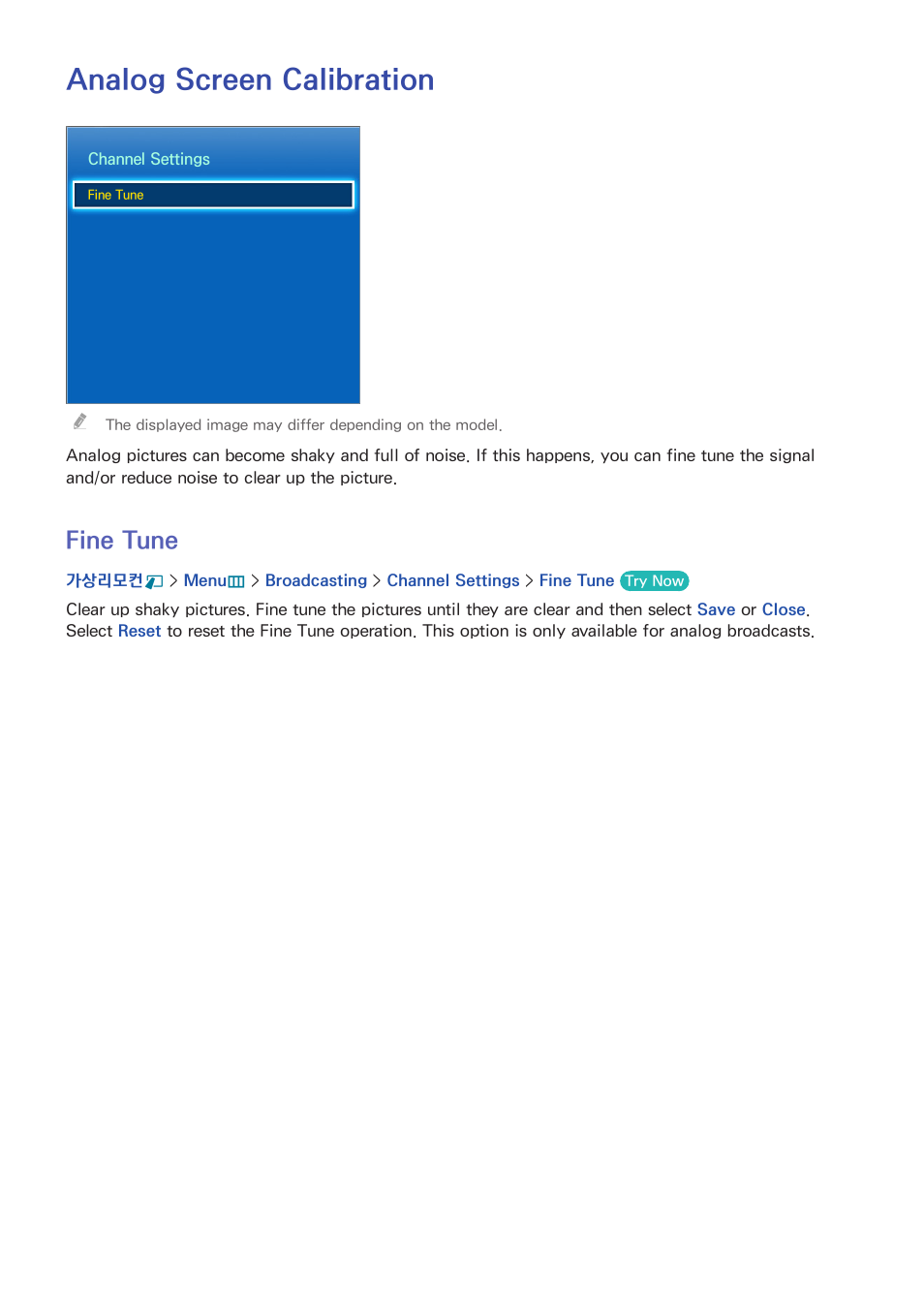 Analog screen calibration, 90 fine tune, Fine tune | Samsung UN55F8000AFXZA User Manual | Page 97 / 179