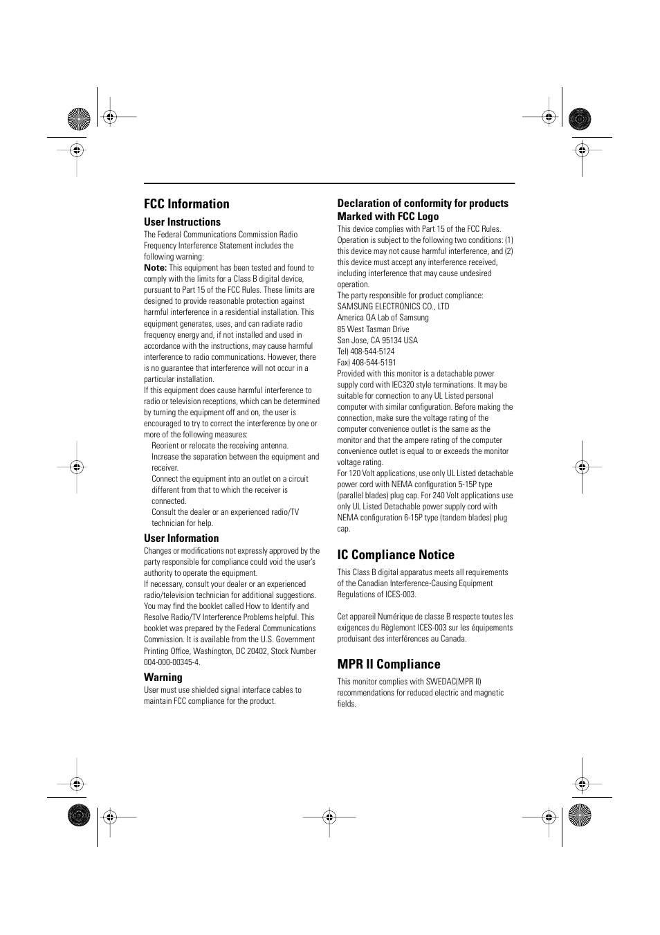 Regulatory information, Fcc information, Ic compliance notice | Mpr ii compliance | Samsung DP15HS7L-XAZ User Manual | Page 15 / 16