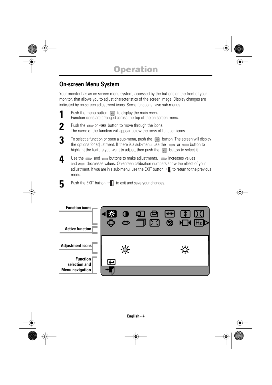Operation, Brightness, Access function exit menu | Samsung DP15HS7L-XAZ User Manual | Page 6 / 16