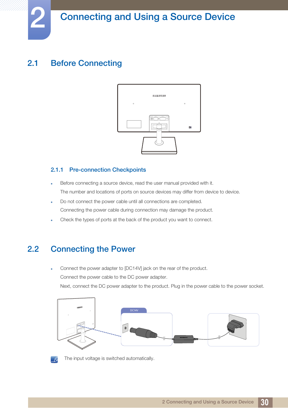 Connecting and using a source device, 1 before connecting, 1 pre-connection checkpoints | 2 connecting the power, Connecting and using, A source device, Before connecting, Pre-connection checkpoints, Connecting the power | Samsung LS24C750PS-ZA User Manual | Page 30 / 100