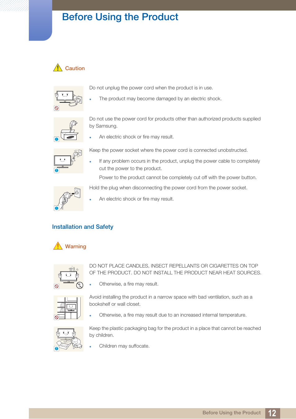 Installation and safety, Before using the product | Samsung LS24C370HL-ZA User Manual | Page 12 / 98