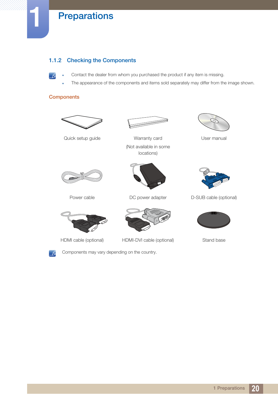 2 checking the components, Checking the components, Preparations | Samsung LS24C370HL-ZA User Manual | Page 20 / 98