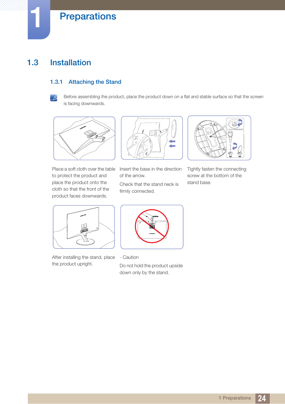 3 installation, 1 attaching the stand, Installation | Attaching the stand, Preparations | Samsung LS24C370HL-ZA User Manual | Page 24 / 98