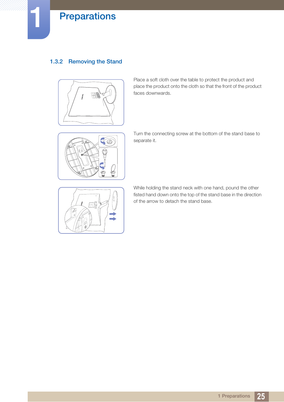 2 removing the stand, Removing the stand, Preparations | Samsung LS24C370HL-ZA User Manual | Page 25 / 98