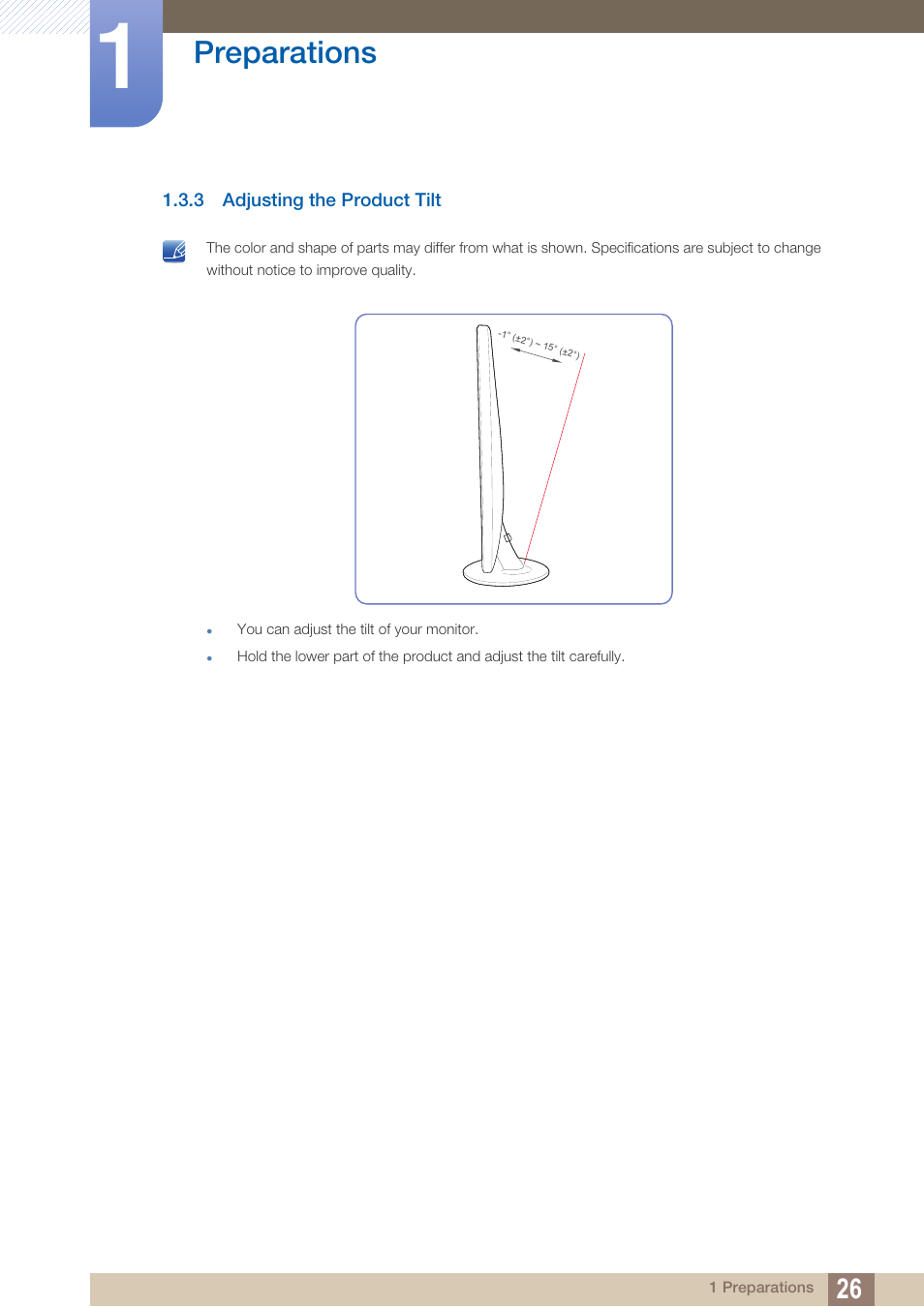 3 adjusting the product tilt, Adjusting the product tilt, Preparations | Samsung LS24C370HL-ZA User Manual | Page 26 / 98