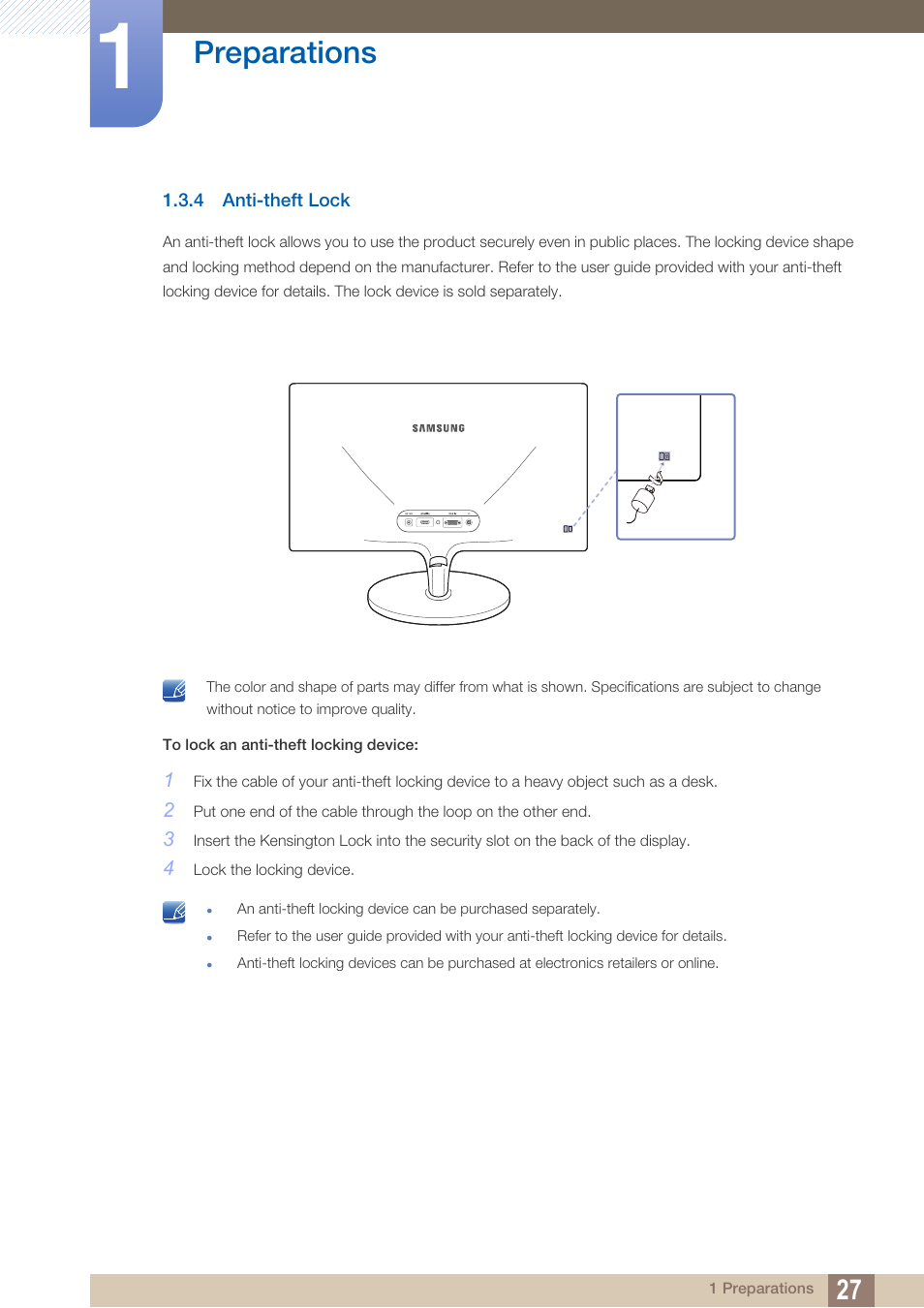 4 anti-theft lock, Anti-theft lock, Preparations | Samsung LS24C370HL-ZA User Manual | Page 27 / 98