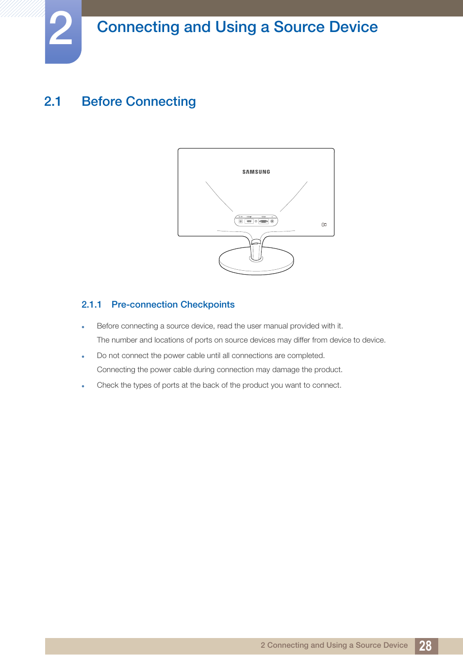Connecting and using a source device, 1 before connecting, 1 pre-connection checkpoints | Connecting and using, A source device, Before connecting, Pre-connection checkpoints | Samsung LS24C370HL-ZA User Manual | Page 28 / 98