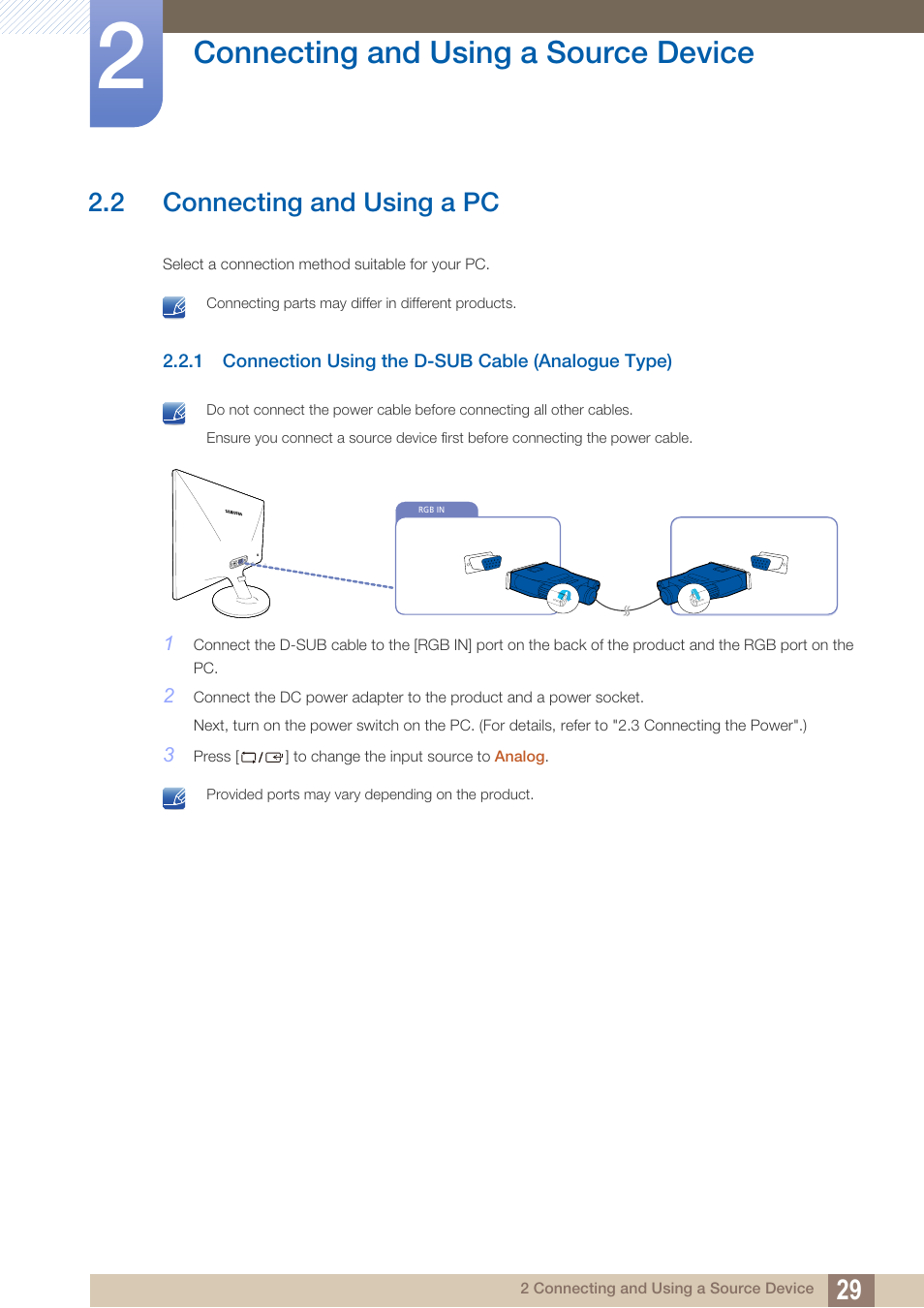 2 connecting and using a pc, 1 connection using the d-sub cable (analogue type), Connecting and using a pc | Connection using the d-sub cable (analogue type), Connecting and using a source device | Samsung LS24C370HL-ZA User Manual | Page 29 / 98