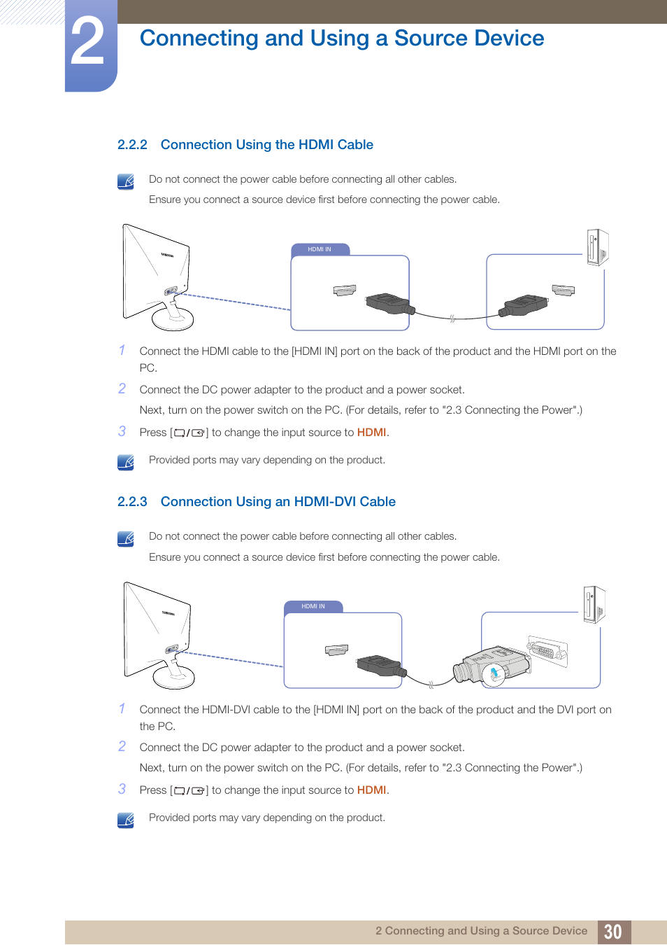 2 connection using the hdmi cable, 3 connection using an hdmi-dvi cable, Connection using the hdmi cable | Connection using an hdmi-dvi cable, Connecting and using a source device | Samsung LS24C370HL-ZA User Manual | Page 30 / 98