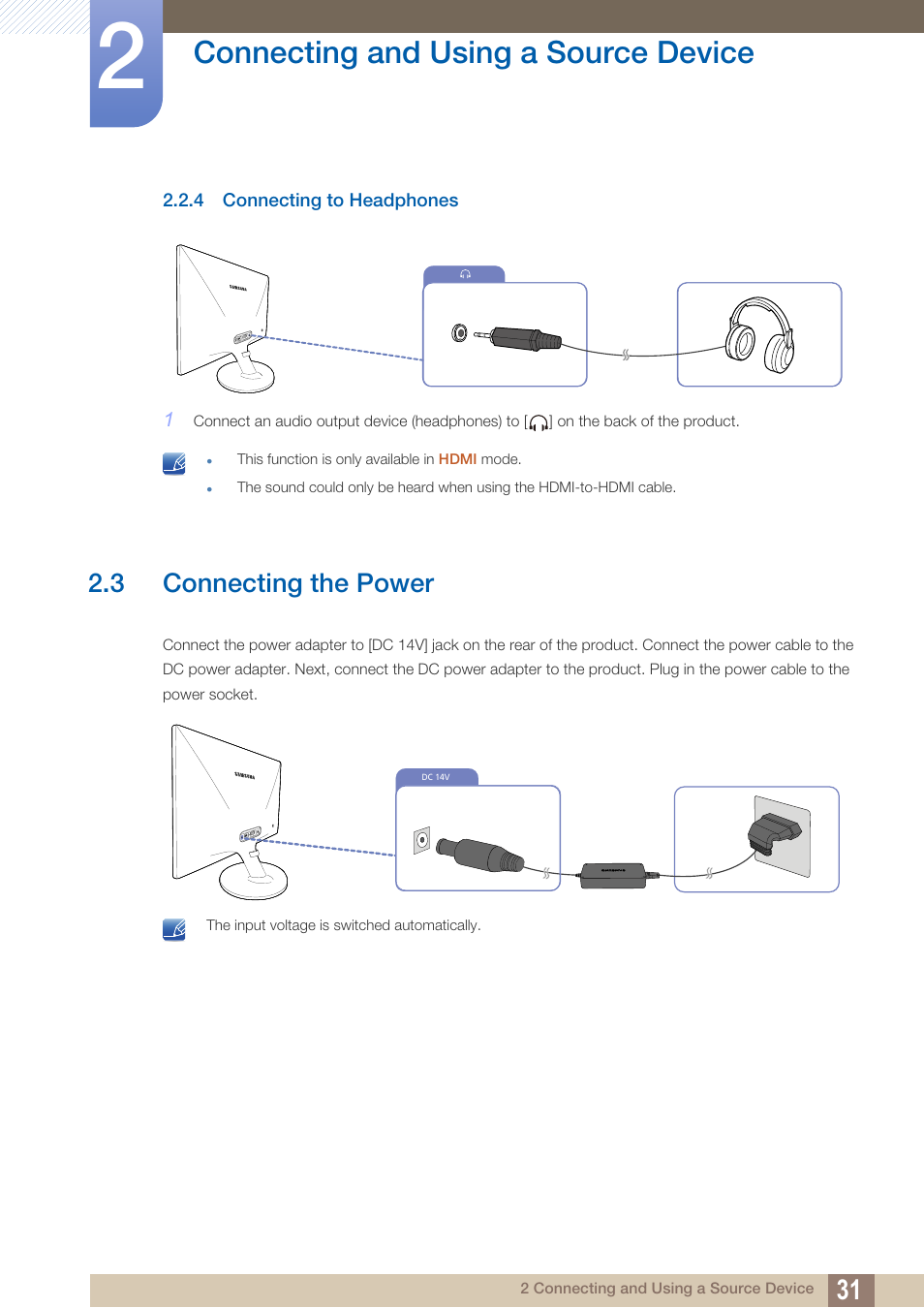 4 connecting to headphones, 3 connecting the power, Connecting to headphones | Connecting the power, Connecting and using a source device | Samsung LS24C370HL-ZA User Manual | Page 31 / 98