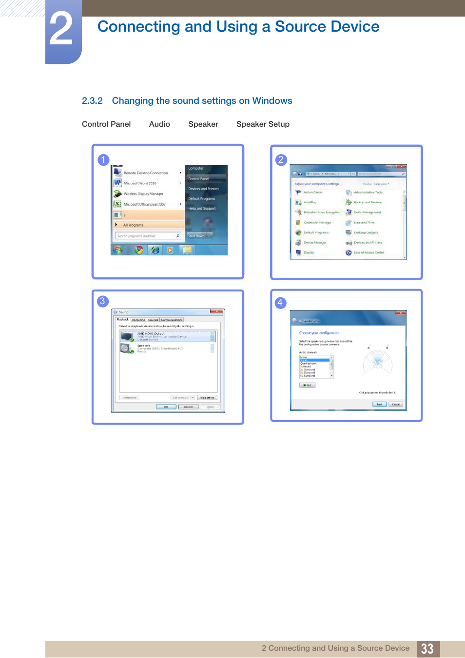 2 changing the sound settings on windows, Changing the sound settings on windows, Connecting and using a source device | Samsung LS24C370HL-ZA User Manual | Page 33 / 98