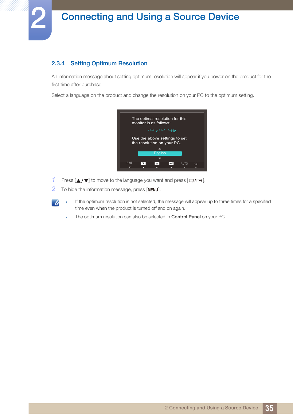 4 setting optimum resolution, Setting optimum resolution, Connecting and using a source device | Samsung LS24C370HL-ZA User Manual | Page 35 / 98