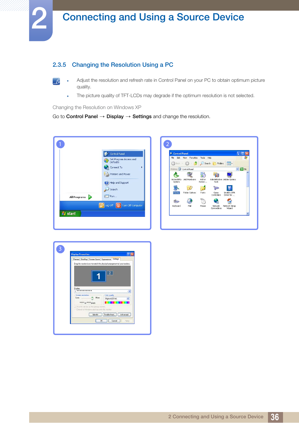 5 changing the resolution using a pc, Changing the resolution using a pc, Connecting and using a source device | Samsung LS24C370HL-ZA User Manual | Page 36 / 98