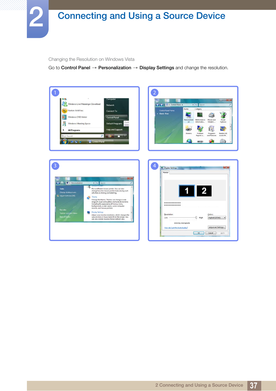 Connecting and using a source device | Samsung LS24C370HL-ZA User Manual | Page 37 / 98