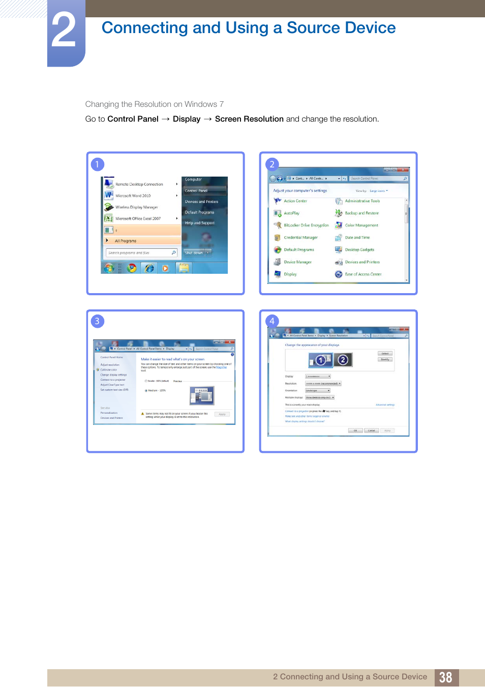 Connecting and using a source device | Samsung LS24C370HL-ZA User Manual | Page 38 / 98